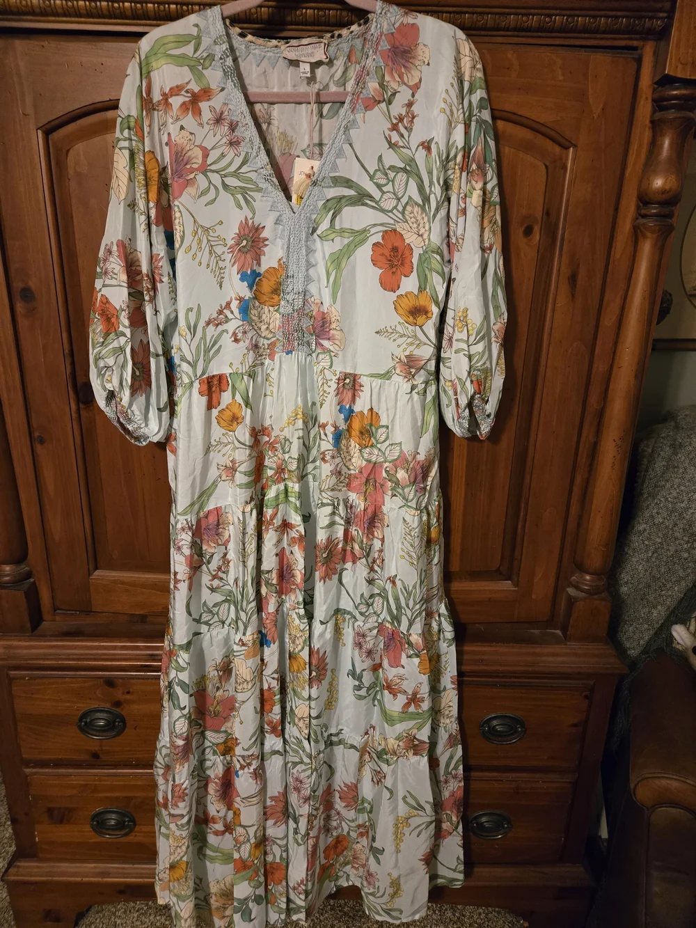 Johhny Was Workshop Silk Floral V-Neck Maxi Dress in Light Mint LARGE - Picture 10 of 10